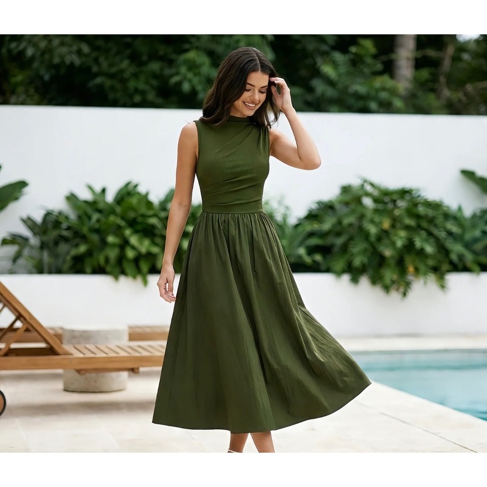 Miusol Olive Green Sleeveless Draped Mock Neck Ribbed A-Line Midi Dress Large